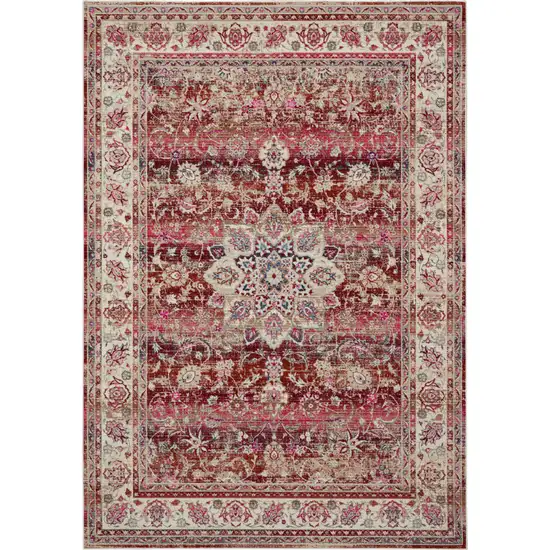 Ivory And Red Floral Distressed Area Rug Photo 9