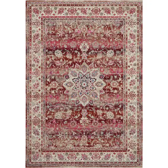 Ivory And Red Floral Distressed Area Rug Photo 2