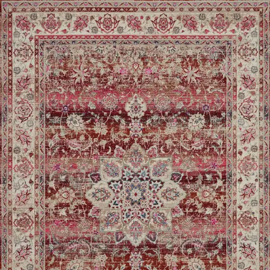 Ivory And Red Floral Distressed Area Rug Photo 9