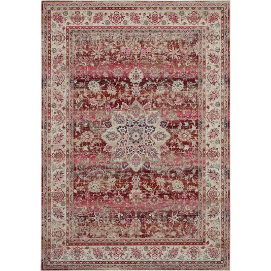 Ivory And Red Floral Distressed Area Rug Photo 2