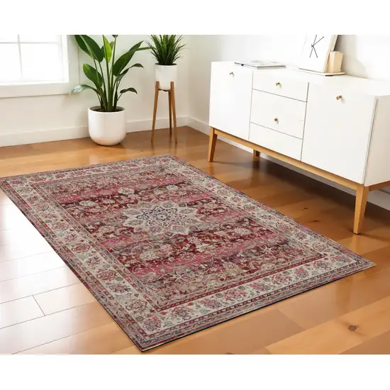 Ivory And Red Floral Distressed Area Rug Photo 1