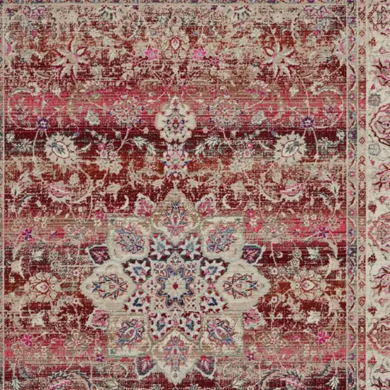 Ivory And Red Floral Distressed Area Rug Photo 8