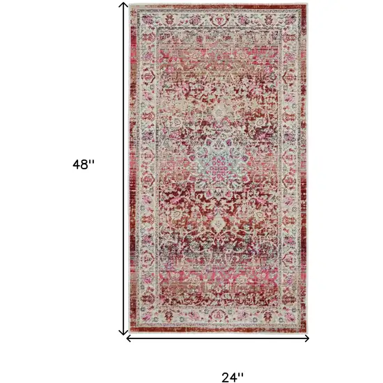 Ivory And Red Floral Distressed Area Rug Photo 3