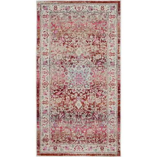 Ivory And Red Floral Distressed Area Rug Photo 2