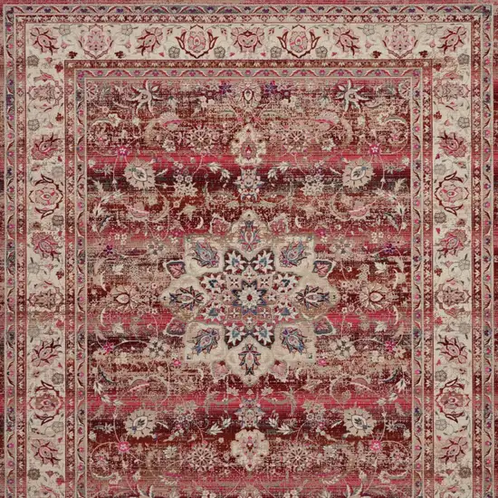 Ivory And Red Floral Distressed Non Skid Area Rug Photo 9