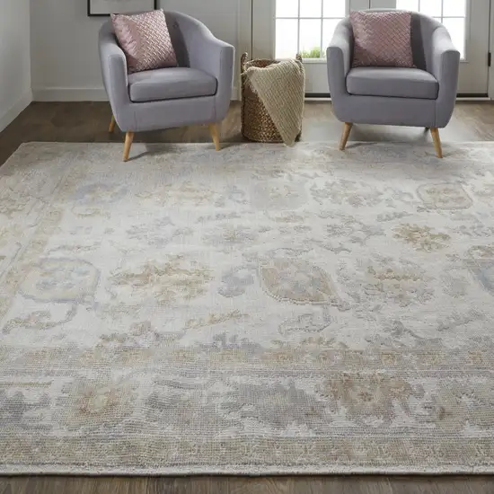 Ivory And Tan Floral Hand Knotted Stain Resistant Area Rug Photo 6