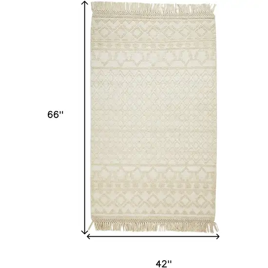 Ivory And Tan Wool Geometric Hand Woven Area Rug With Fringe Photo 8