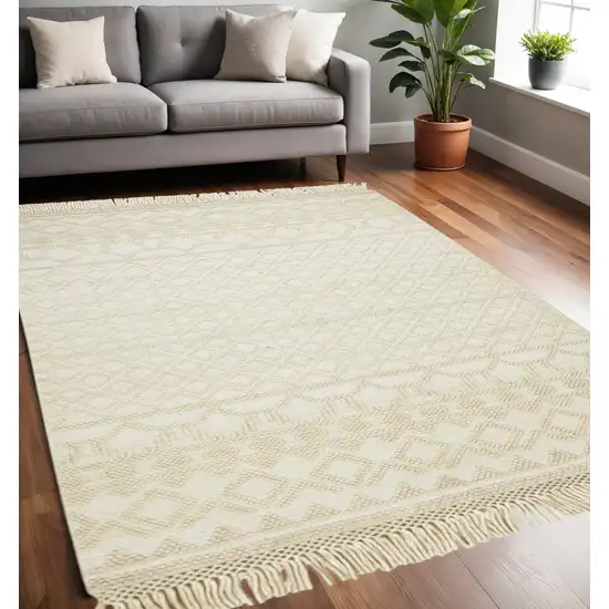 Ivory Wool Geometric Hand Woven Area Rug With Fringe Photo 1