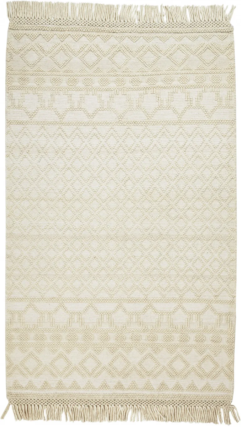 Ivory And Tan Wool Geometric Hand Woven Area Rug With Fringe Photo 1