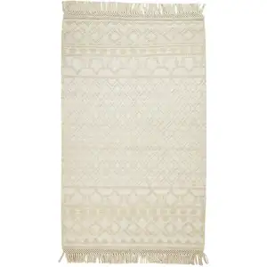 Photo of Ivory And Tan Wool Geometric Hand Woven Area Rug With Fringe