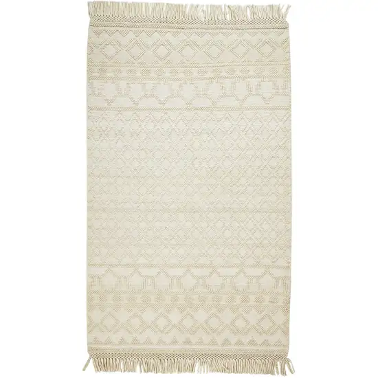 Ivory And Tan Wool Geometric Hand Woven Area Rug With Fringe Photo 1