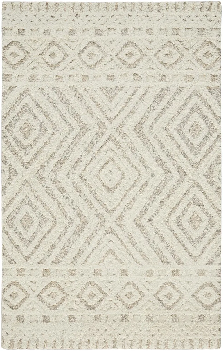 Ivory And Tan Wool Geometric Tufted Handmade Stain Resistant Area Rug Photo 1