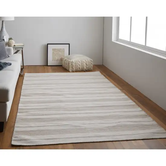 Ivory And Taupe Striped Dhurrie Hand Woven Stain Resistant Area Rug Photo 6