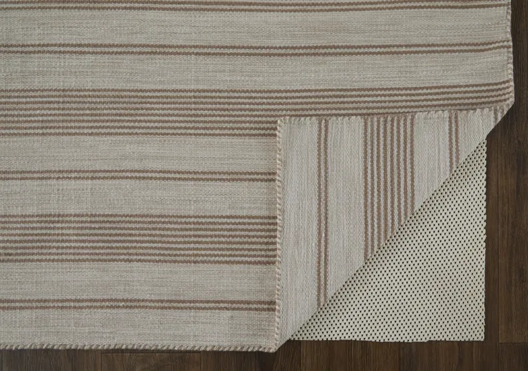 Ivory And Taupe Striped Dhurrie Hand Woven Stain Resistant Area Rug Photo 4