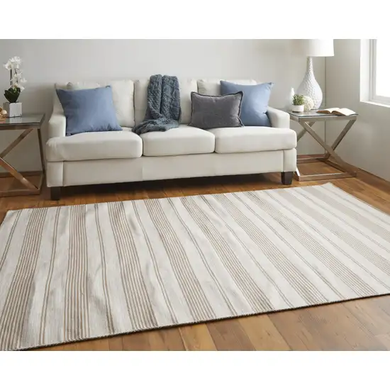 Ivory And Taupe Striped Dhurrie Hand Woven Stain Resistant Area Rug Photo 8