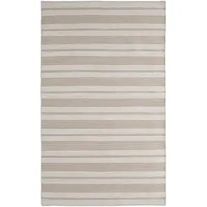 Photo of Ivory And Taupe Striped Dhurrie Hand Woven Stain Resistant Area Rug