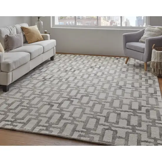 Ivory And Taupe Wool Geometric Tufted Handmade Area Rug Photo 7