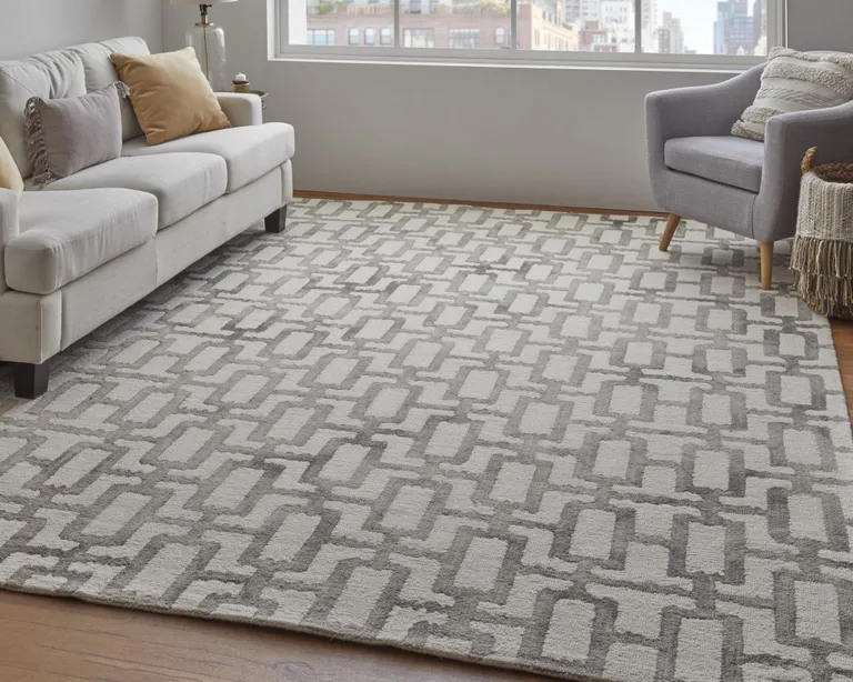 Ivory And Taupe Wool Geometric Tufted Handmade Area Rug Photo 3