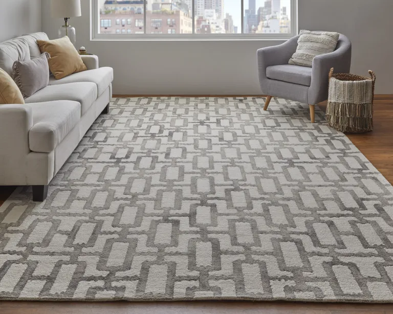 Ivory And Taupe Wool Geometric Tufted Handmade Area Rug Photo 2