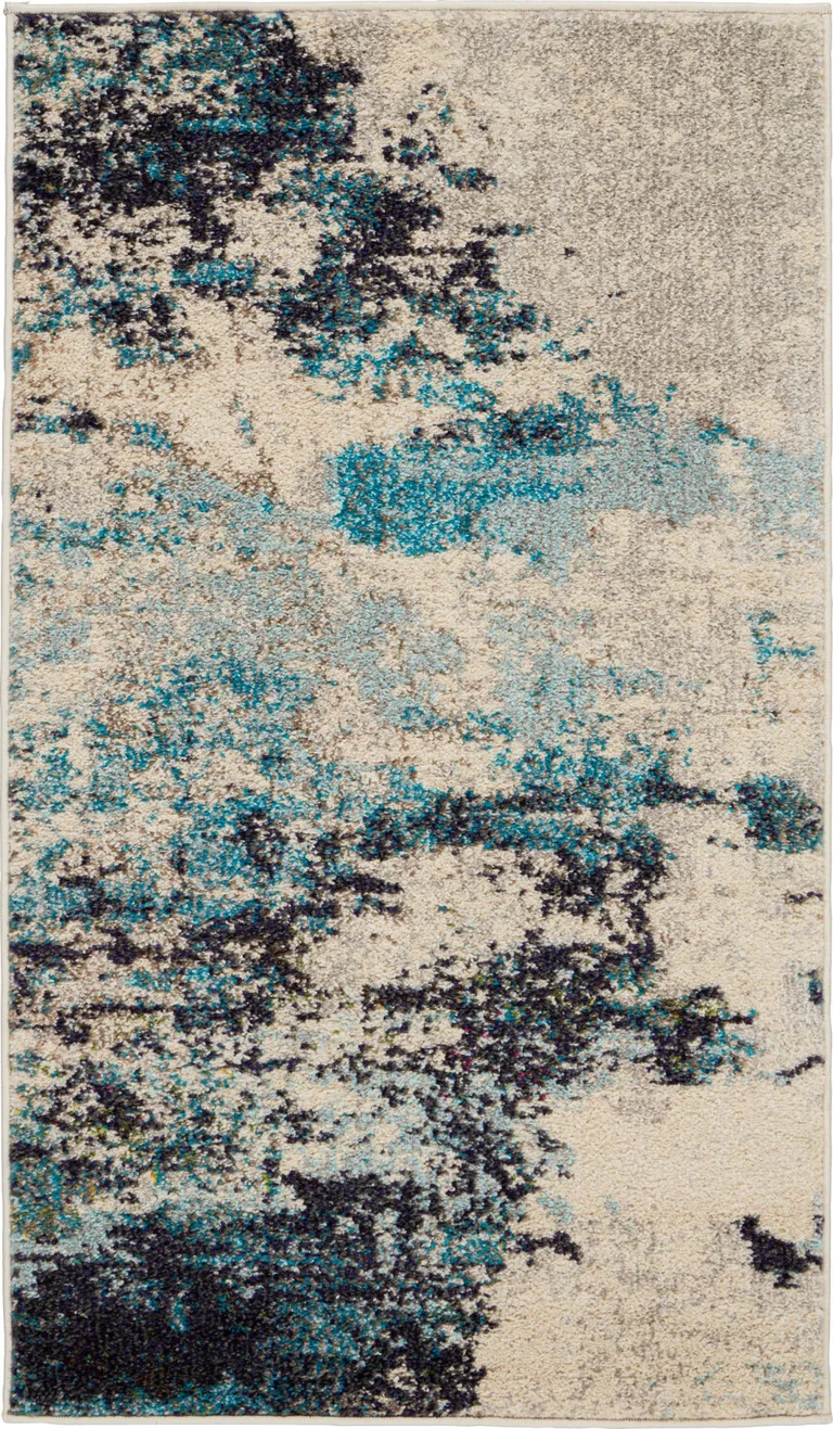 Ivory And Teal Blue Abstract Power Loom Non Skid Area Rug Photo 1