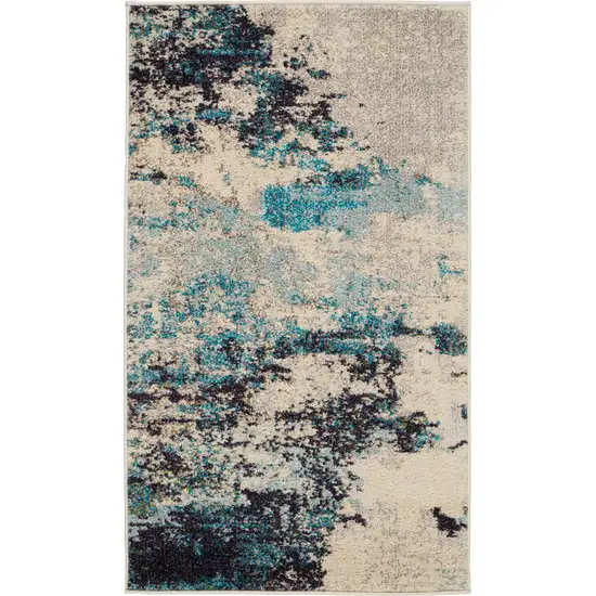 Ivory And Teal Blue Abstract Power Loom Non Skid Area Rug Photo 1