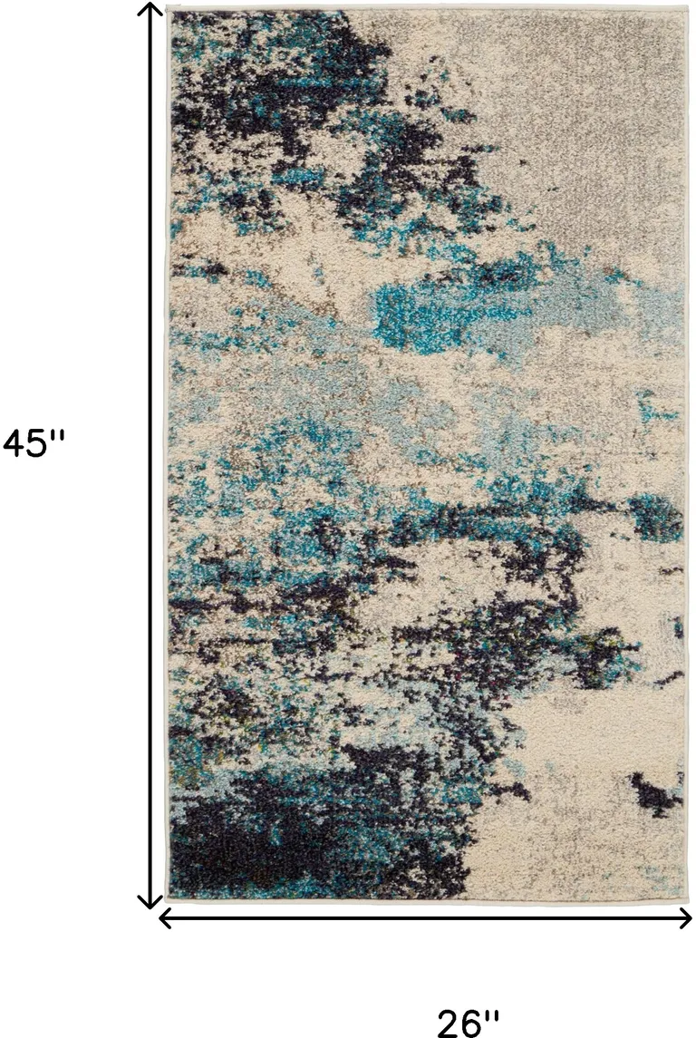 Ivory And Teal Blue Abstract Power Loom Non Skid Area Rug Photo 5