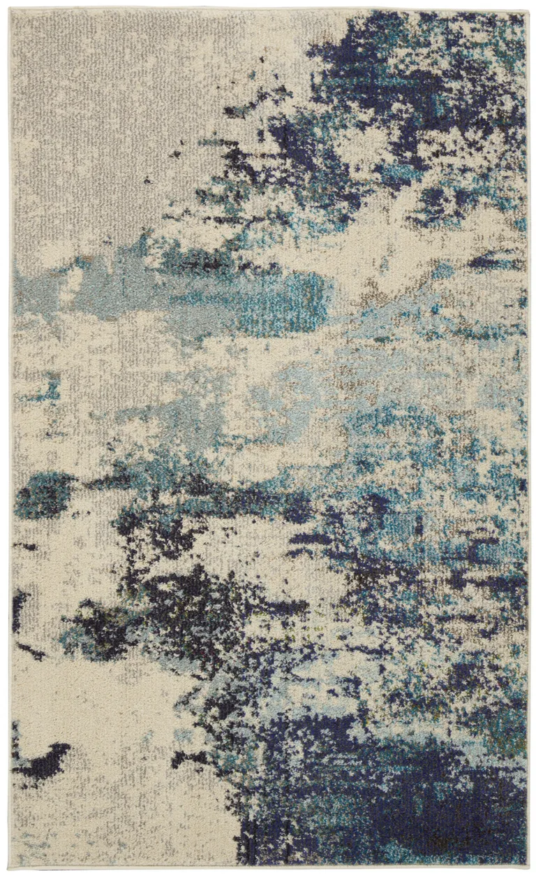 Ivory And Teal Blue Abstract Power Loom Non Skid Area Rug Photo 1