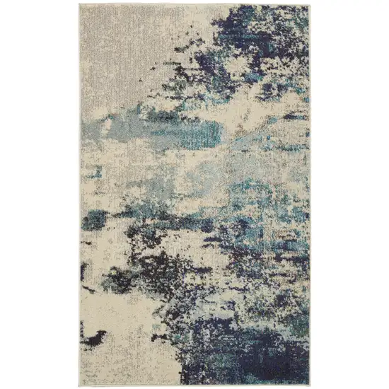 Ivory And Teal Blue Abstract Power Loom Non Skid Area Rug Photo 1