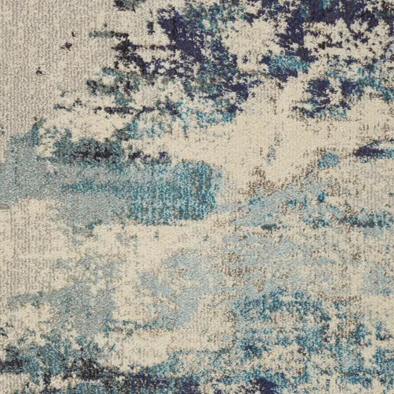 Ivory And Teal Blue Abstract Power Loom Non Skid Area Rug Photo 3