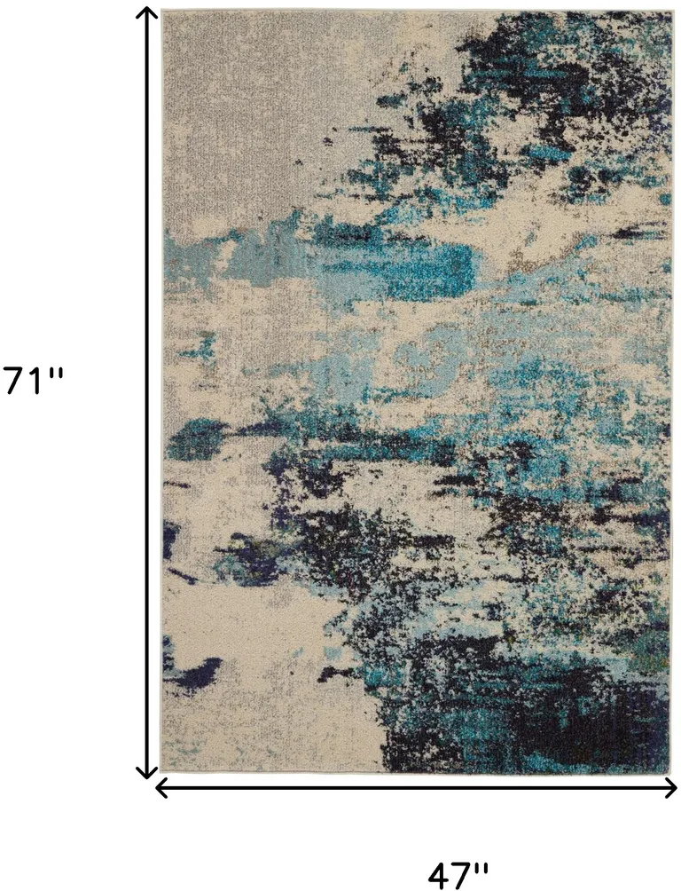 Ivory And Teal Blue Abstract Power Loom Non Skid Area Rug Photo 5