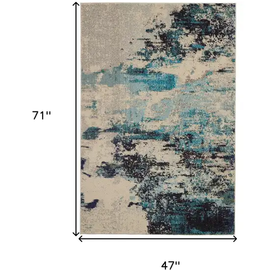 Ivory And Teal Blue Abstract Power Loom Non Skid Area Rug Photo 5