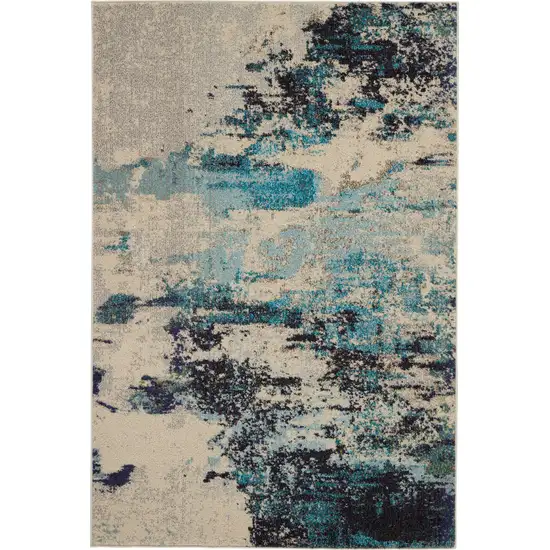 Ivory And Teal Blue Abstract Power Loom Non Skid Area Rug Photo 1