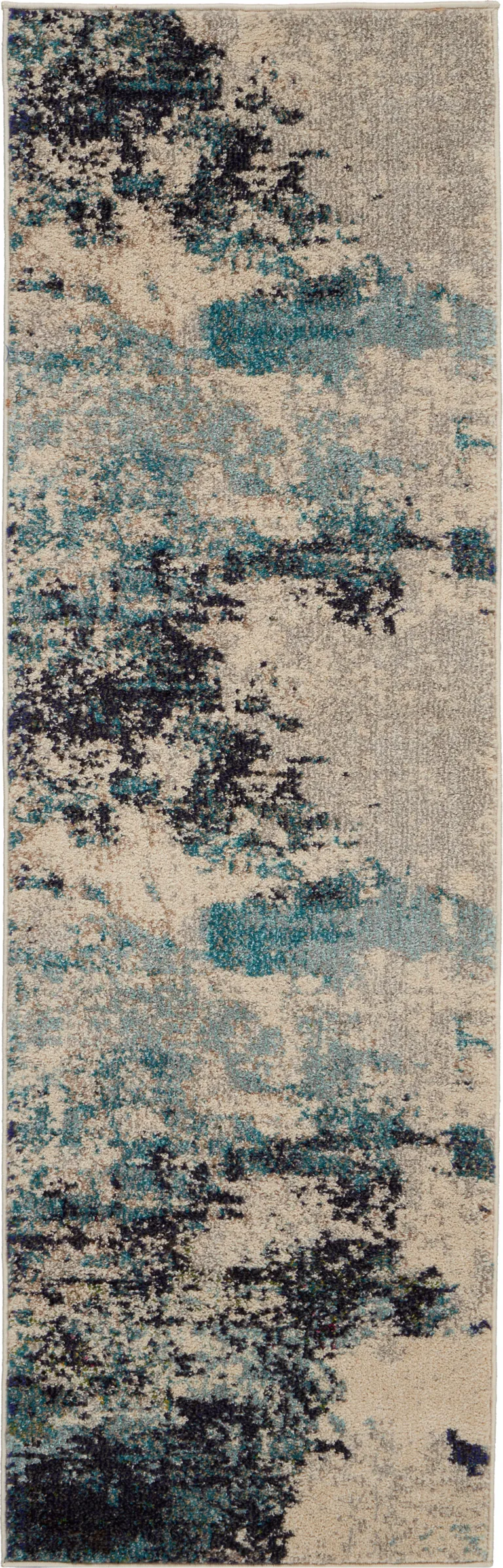 Ivory And Teal Blue Abstract Power Loom Non Skid Runner Rug Photo 1