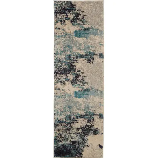 Ivory And Teal Blue Abstract Power Loom Non Skid Runner Rug Photo 1