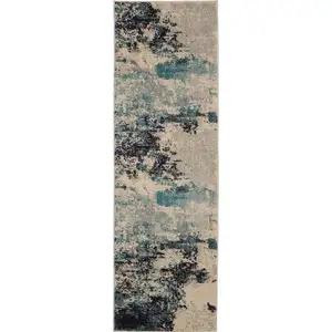 Photo of Ivory And Teal Blue Abstract Power Loom Non Skid Runner Rug