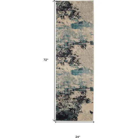 Ivory And Teal Blue Abstract Power Loom Non Skid Runner Rug Photo 5