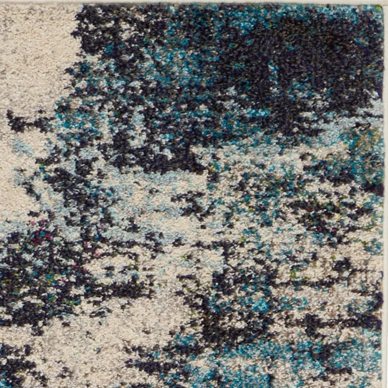 Ivory And Teal Blue Abstract Power Loom Non Skid Runner Rug Photo 4