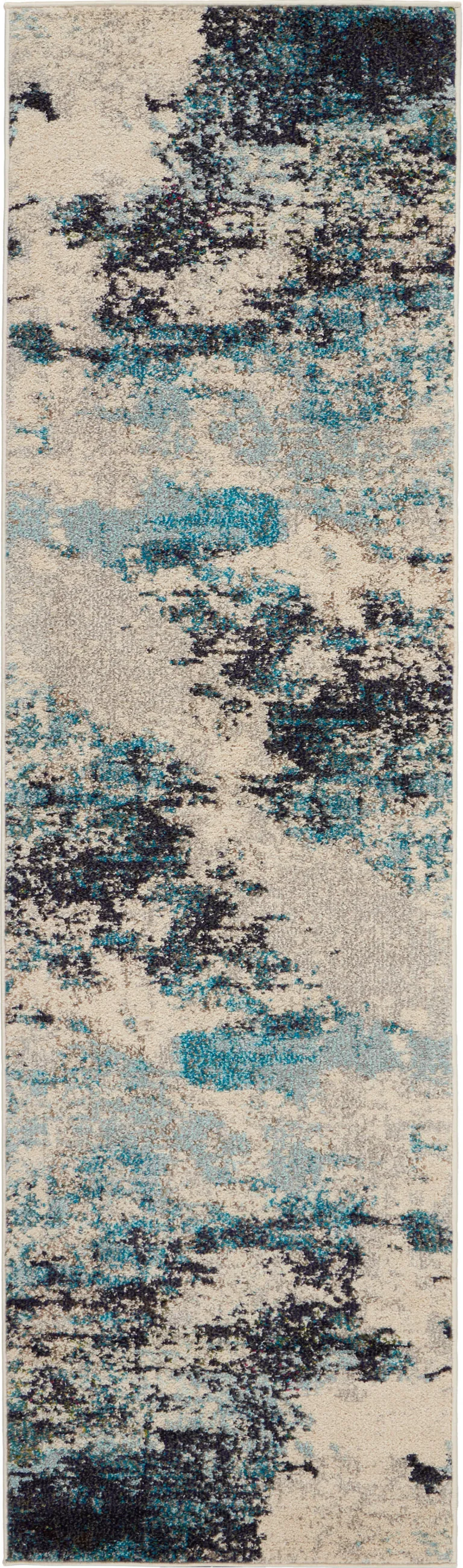 Ivory And Teal Blue Abstract Power Loom Non Skid Runner Rug Photo 1