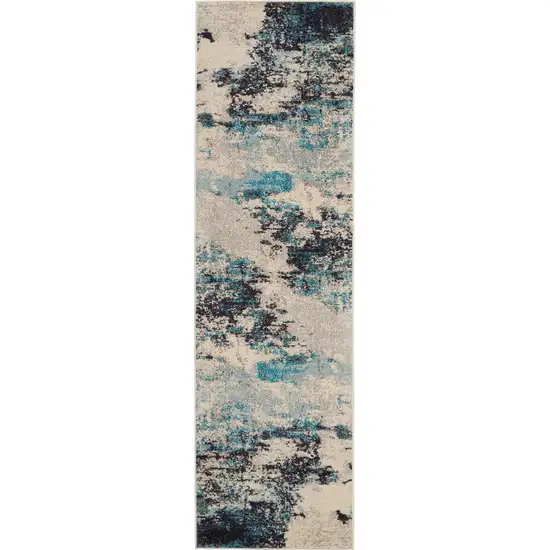 Ivory And Teal Blue Abstract Power Loom Non Skid Runner Rug Photo 1