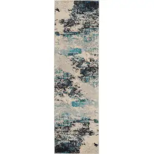 Photo of Ivory And Teal Blue Abstract Power Loom Non Skid Runner Rug