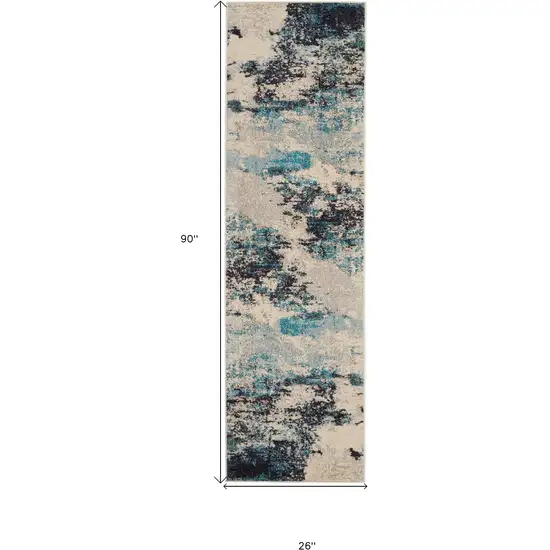 Ivory And Teal Blue Abstract Power Loom Non Skid Runner Rug Photo 5