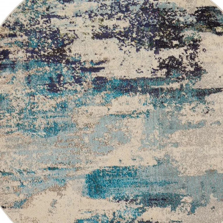 Ivory And Teal Blue Round Abstract Power Loom Non Skid Area Rug Photo 3