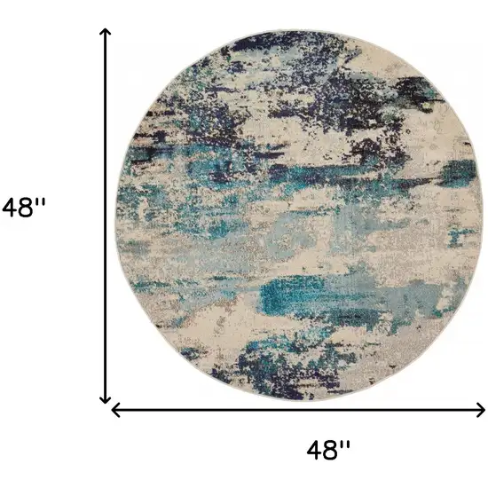 Ivory And Teal Blue Round Abstract Power Loom Non Skid Area Rug Photo 5