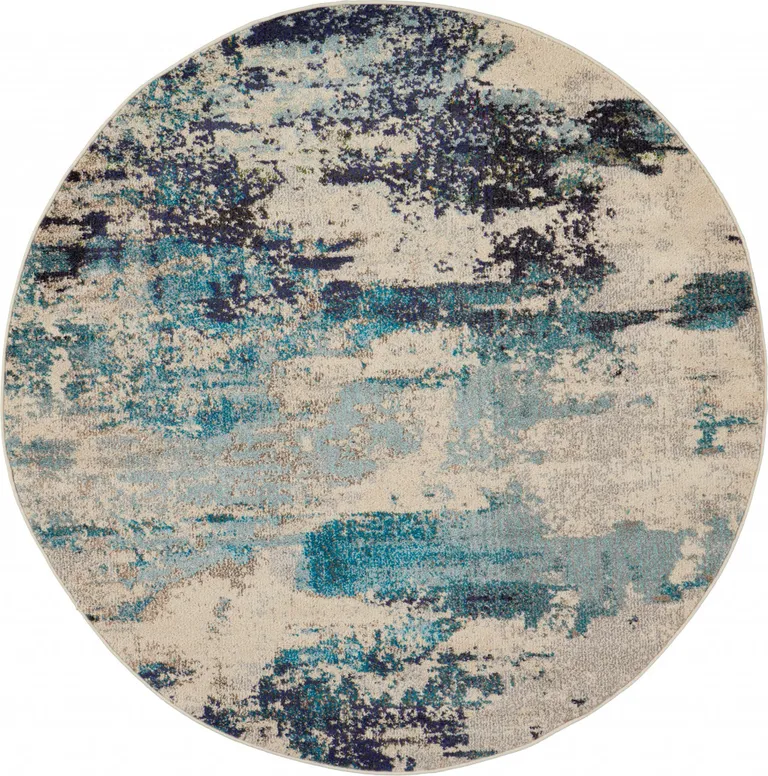 Ivory And Teal Blue Round Abstract Power Loom Non Skid Area Rug Photo 1