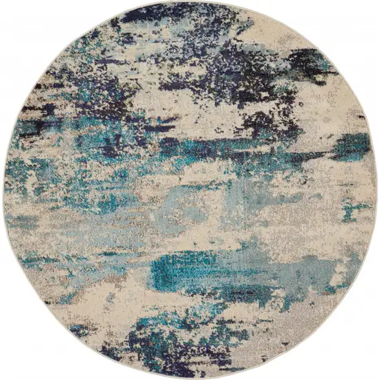 Ivory And Teal Blue Round Abstract Power Loom Non Skid Area Rug Photo 1