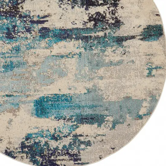 Ivory And Teal Blue Round Abstract Power Loom Non Skid Area Rug Photo 3