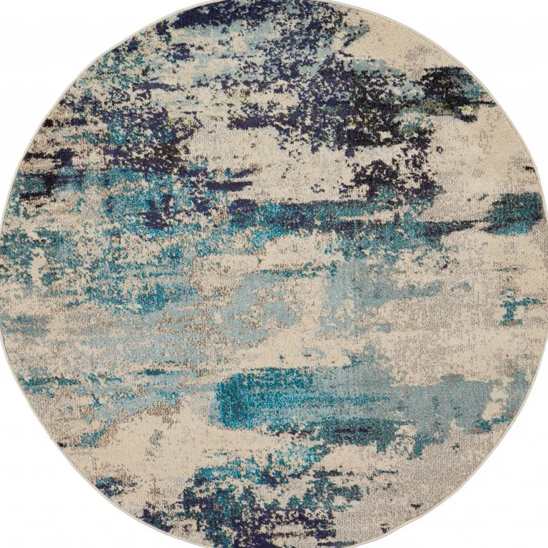 Ivory And Teal Blue Round Abstract Power Loom Non Skid Area Rug Photo 4