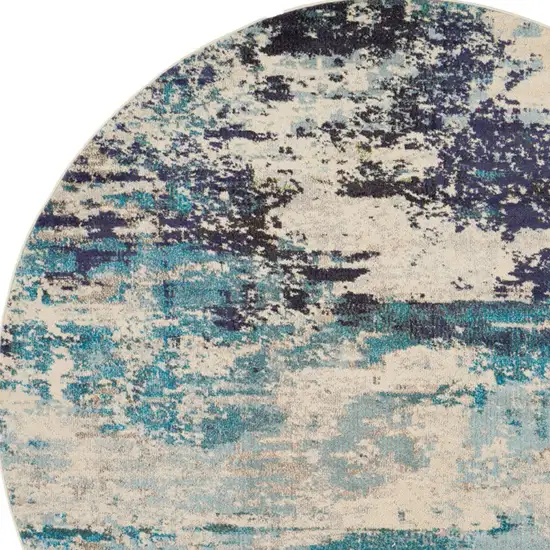 Ivory And Teal Blue Round Abstract Power Loom Non Skid Area Rug Photo 4