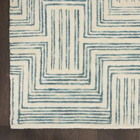 Ivory And Turquoise Wool Geometric Area Rug Photo 4