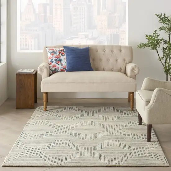 Ivory And Turquoise Wool Geometric Area Rug Photo 9